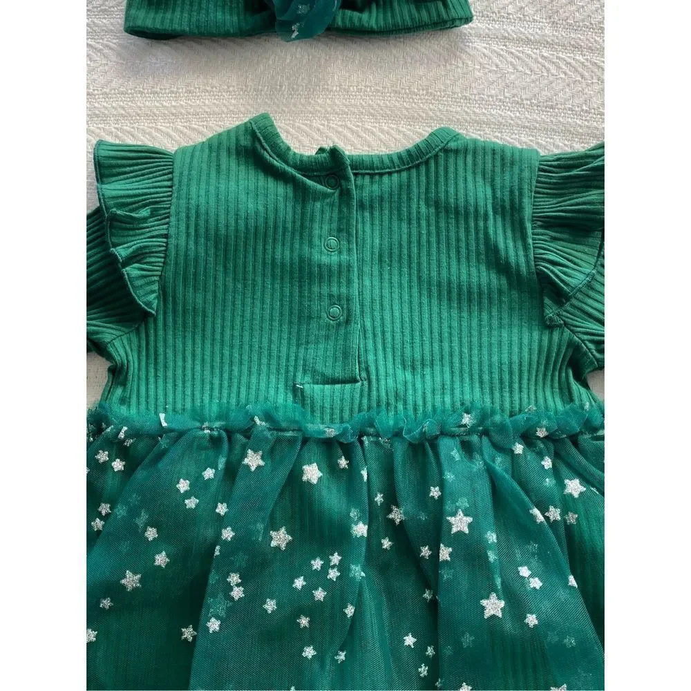 LITTLE ME BABY GIRL 9 MONTH “JOY” GREEN Bodysuit Dress with Matching Headband